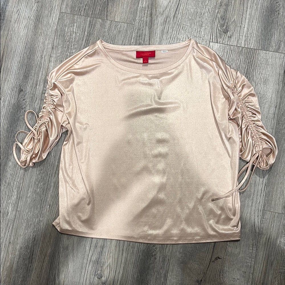 Jennifer Lopez Cream Ruched Short Sleeve Blouse